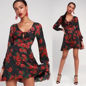 Free People Morning Light Fit & Flare Mini Dress Sz 12 Floral Print Black/Red